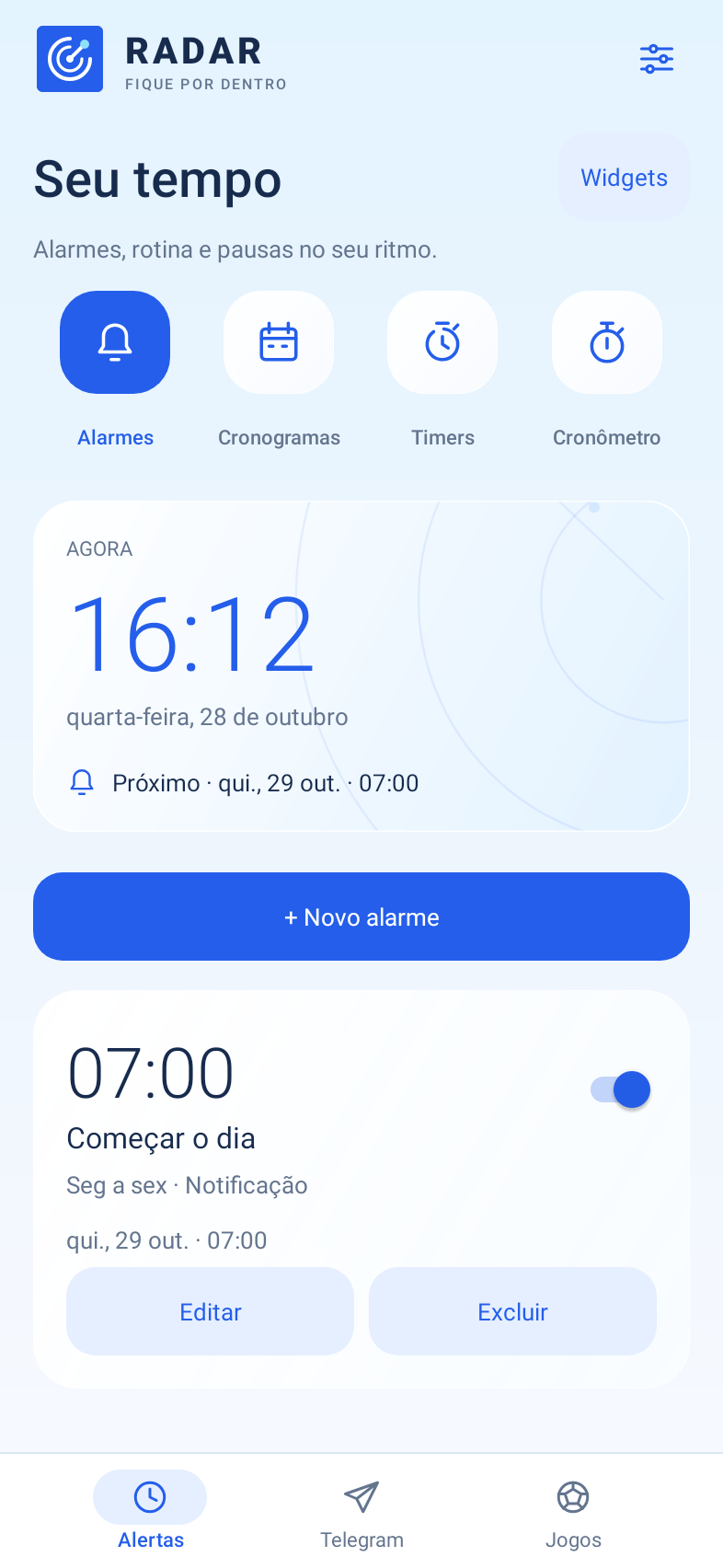 Tela real do Radar: alarmes, horário atual e alarme das 7 horas